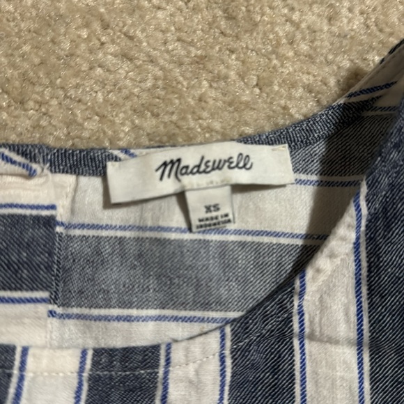 Madewell Stripe Play Button Back Linen Blend Shift Dress Blue White Pockets-XS - Picture 9 of 10